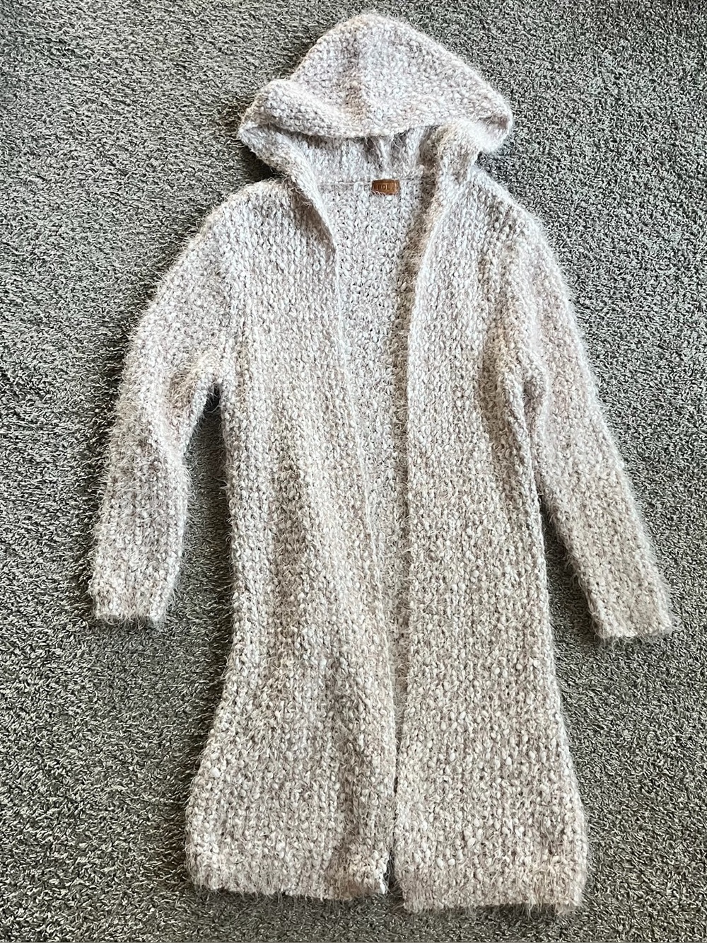 POL Long Fuzzy Cardigan Hooded Beige Cozy Warm Long Sleeve Sweater Large